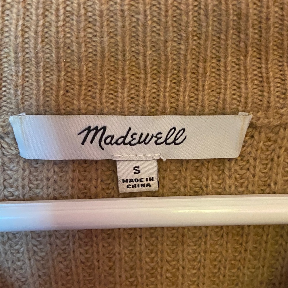 Madewell Women's Neutral Tan Wool Zip-Up V-Neck Sweater - Picture 2 of 6